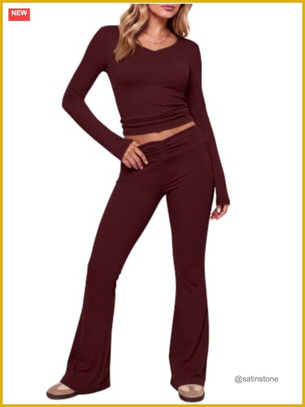 Women's 2 Piece Lounge Set Long Sleeve V-Neck Top Flared Pants Slim Fit